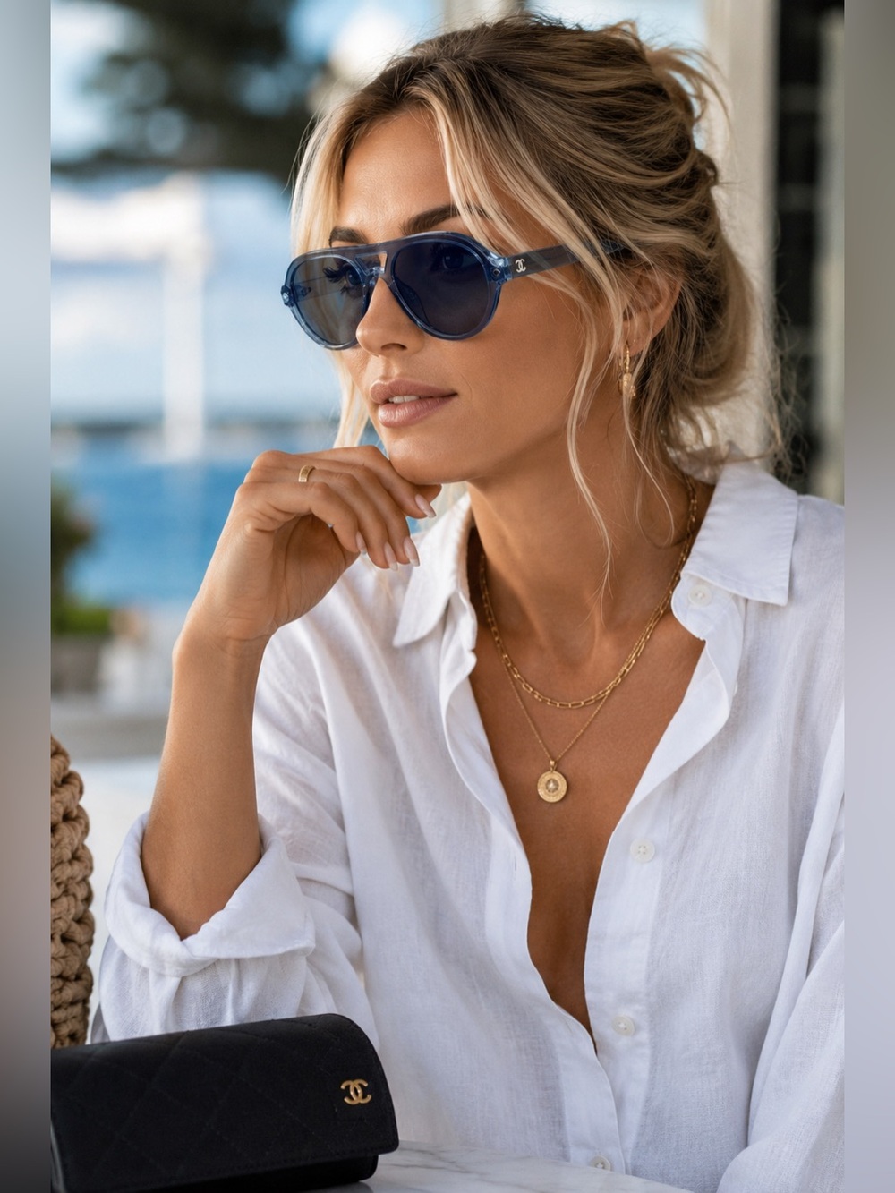 Chanel Blue Transparent Aviator Sunglasses CC Logo Italy w/ Case